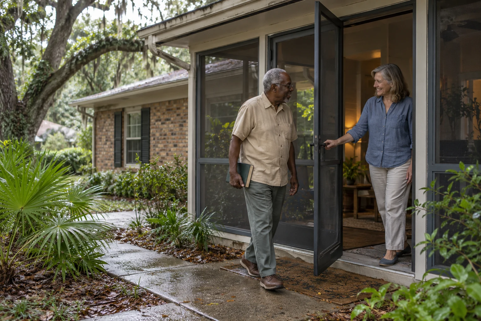 Try the entrance as part of the local day A woman holds a screen door open while an older man carrying a closed book walks past it.