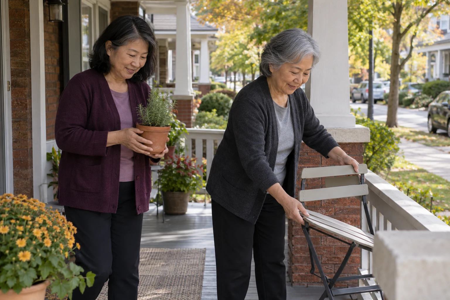Give a smaller local outing a comfortable starting point Two women stand on a porch, one holding an herb pot and the other opening a folding chair.