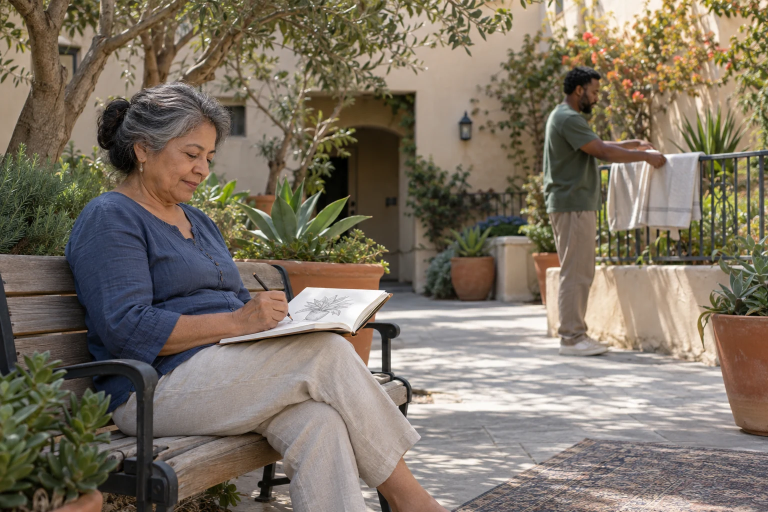 Make time for an interest within the city week A seated woman sketches a plant while a man hangs a folded cloth on a courtyard rail.