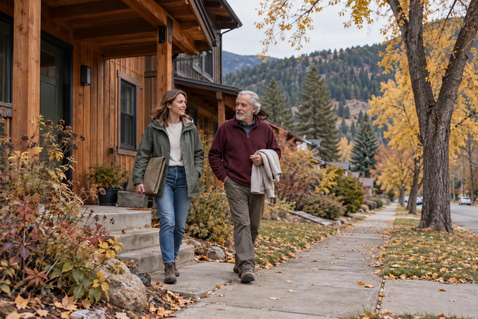 Give the ordinary return as much attention as the view Two adults walk beside timber homes, one carrying a portfolio and the other a folded sweater.