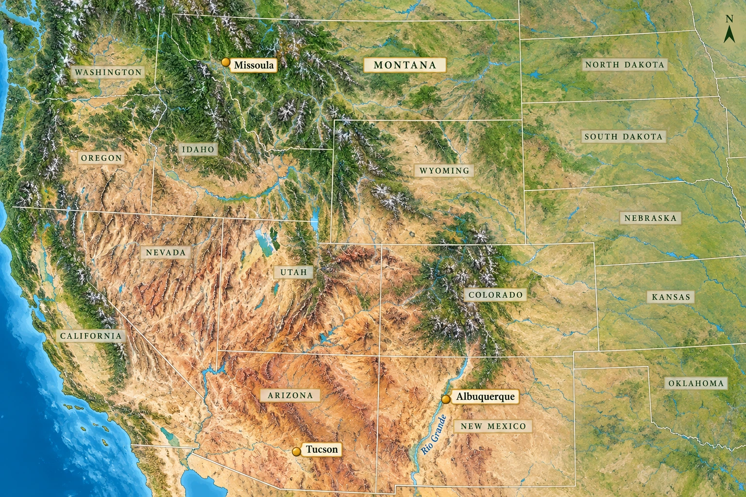 Mountains and dry basins are different choices A western United States relief atlas locates Missoula in western Montana, Tucson in southern Arizona and Albuquerque in central New Mexico.