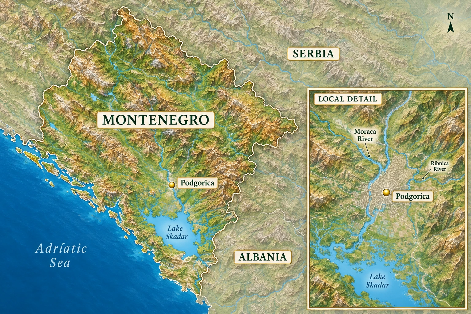 Podgorica in Montenegro's inland plain A Montenegro atlas places Podgorica inland north of Lake Skadar, with a separate river detail and the Adriatic coast southwest.