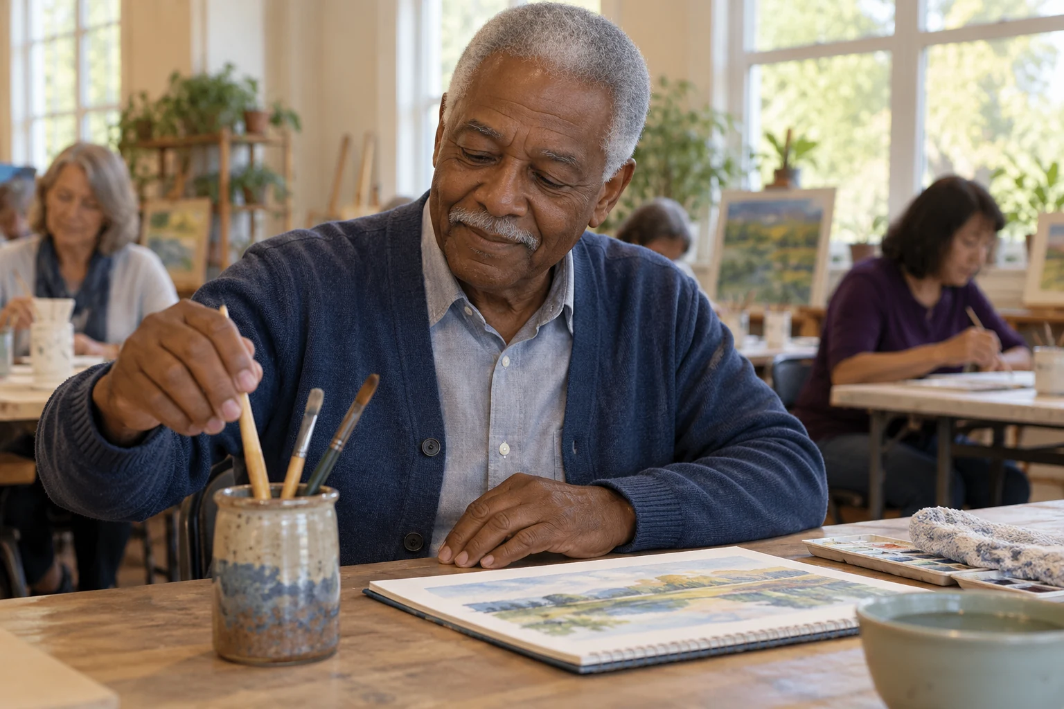 An interest worth keeping in the week An older man in a blue cardigan places a watercolor brush in a ceramic jar in a shared adult art room.