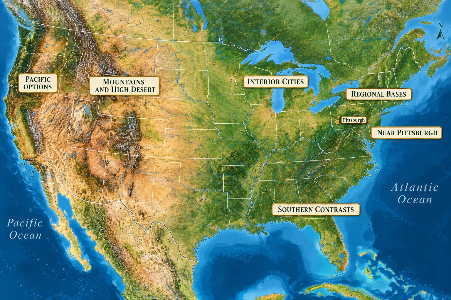 Six ways to widen the Pittsburgh comparison A United States relief atlas marks Pittsburgh in western Pennsylvania and names six broad comparison groups from nearby towns to Pacific cities.
