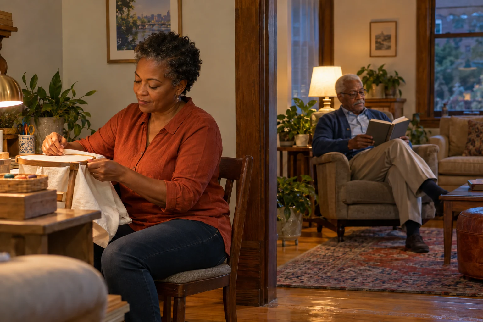 Shared home, separate evenings A woman works with an embroidery hoop at a desk while her older father reads in an armchair in the adjoining room.