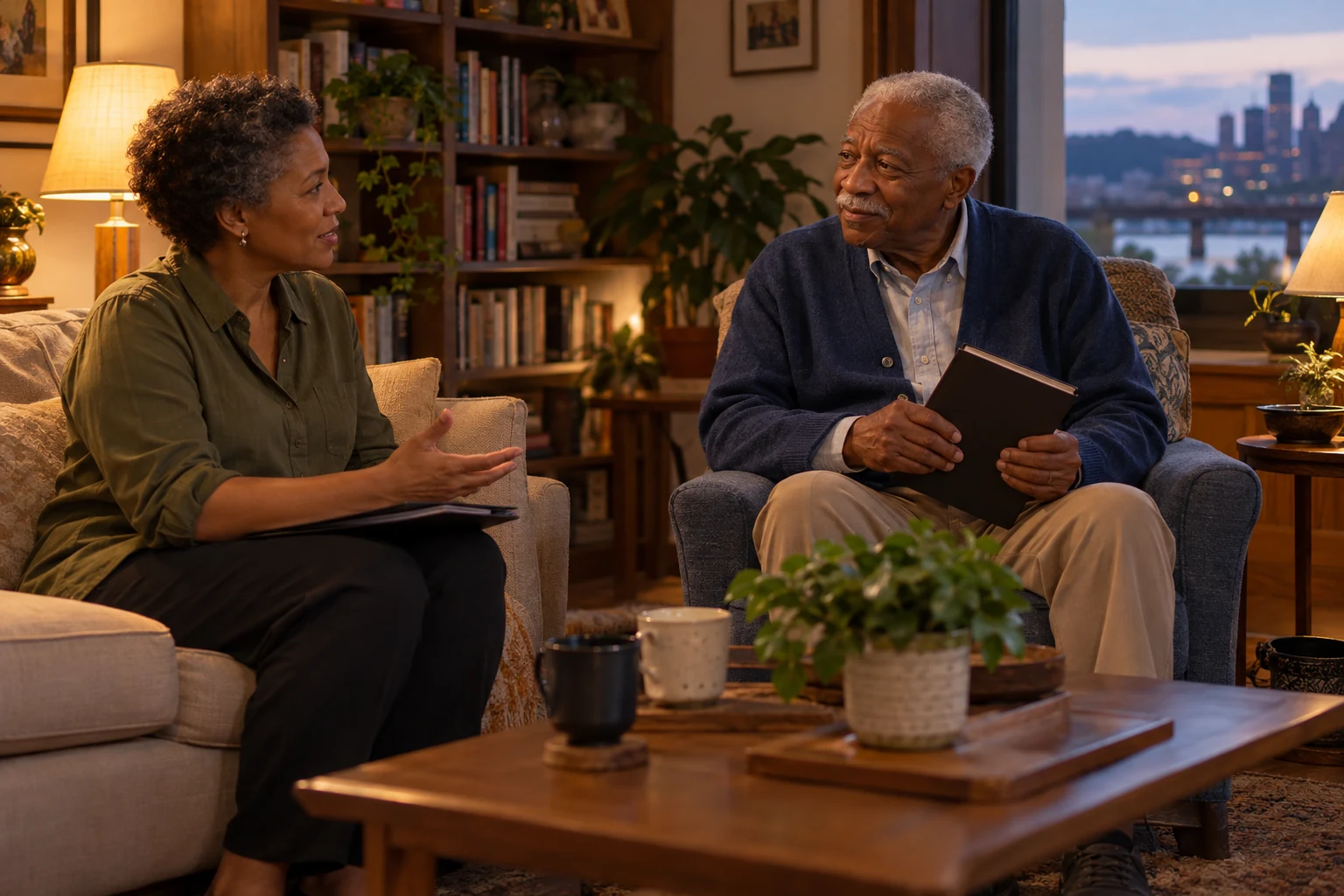 Give each adult a separate overseas plan A daughter gestures while talking with her older father, who holds a closed notebook in a separate armchair.