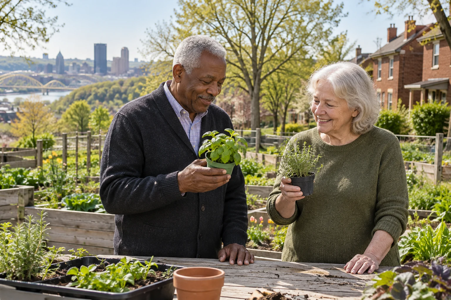 Keeping a reason to get out An older man and an older woman compare small herb pots beside a wooden garden bench.