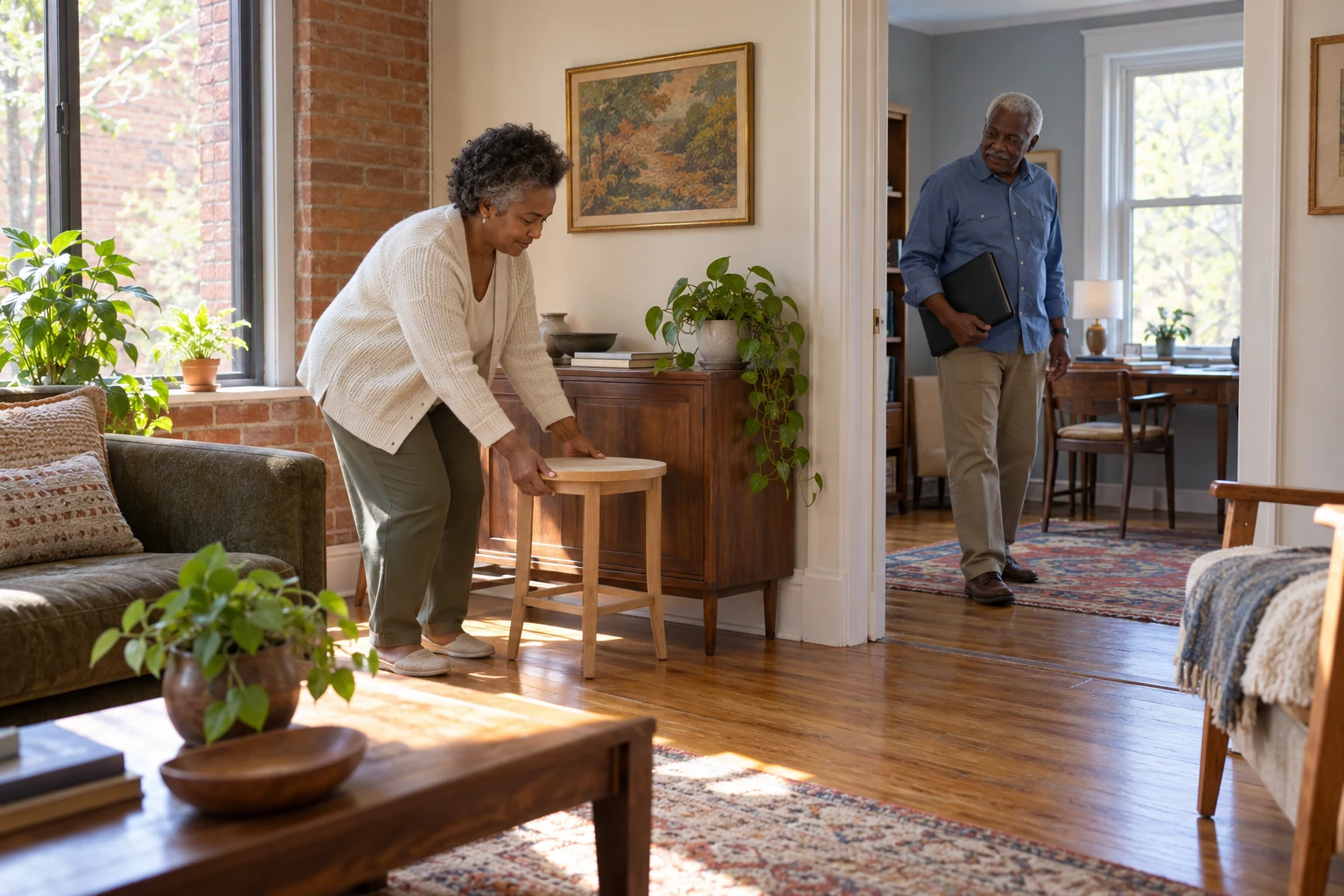 Try the smaller change at home A woman positions a light wooden stool beside a cabinet while her older father stands in the adjoining room with a portfolio.