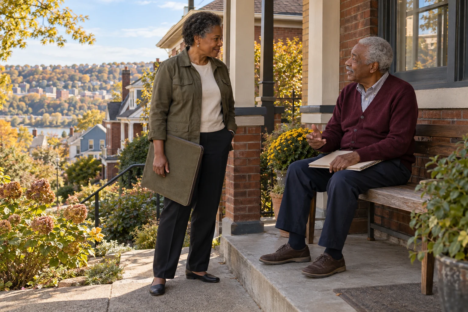 Give a more manageable home a life of its own A woman holding a closed canvas portfolio talks to an older man seated with a sketchpad on a brick porch.
