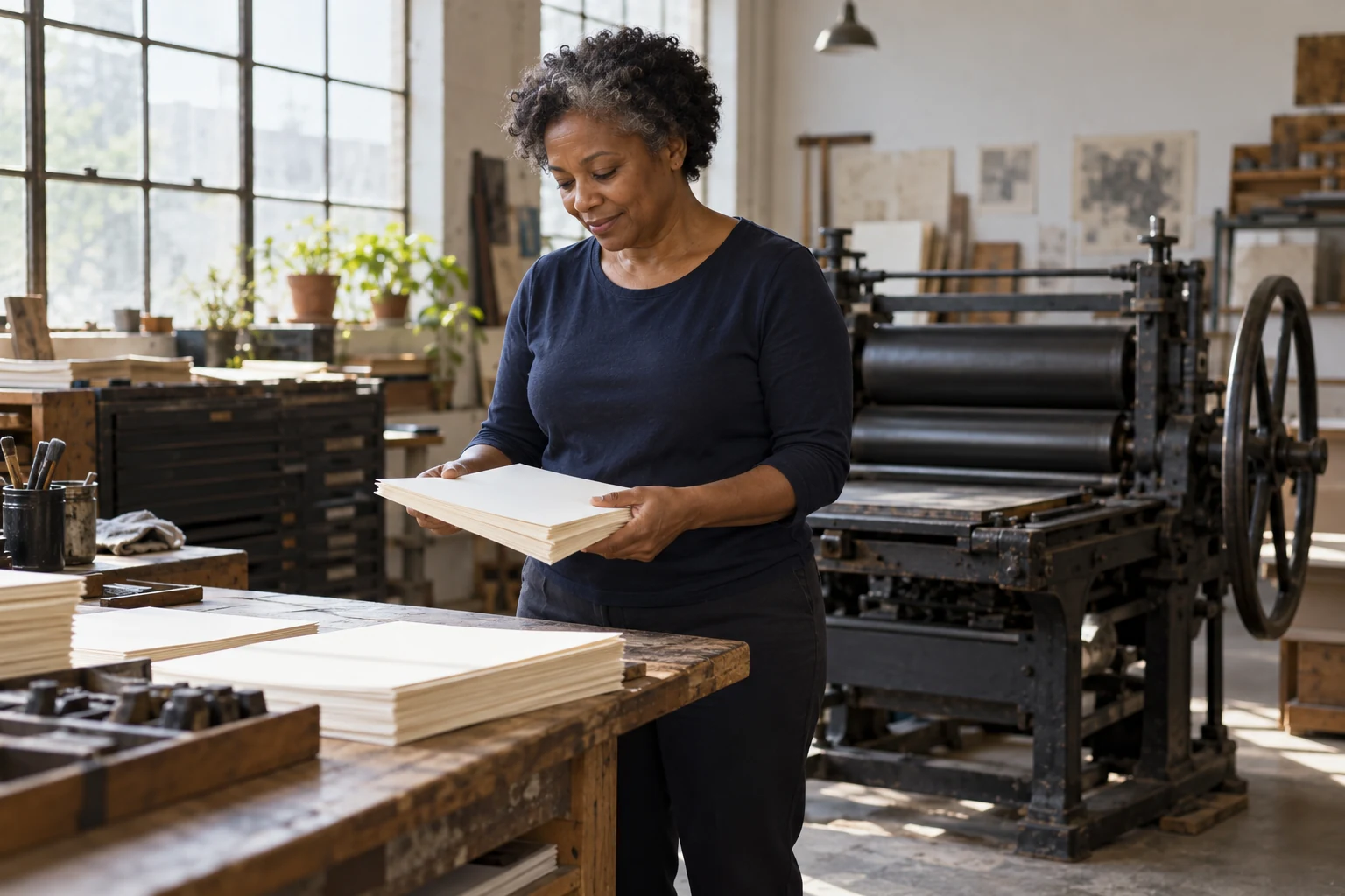Work that stays tied to a workplace A woman holds a stack of blank paper beside a worktable in a small print room, with an idle press behind her.