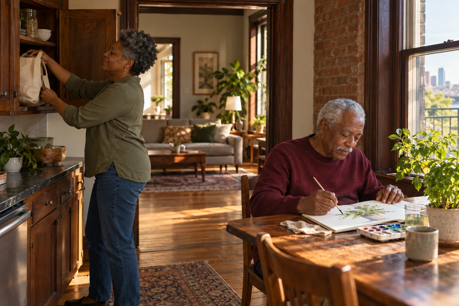 A home that leaves room for two routines An older man paints at a window table while his adult daughter puts a canvas bag in a wooden cupboard.