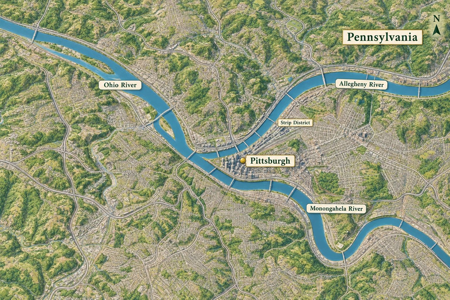 Start with the Pittsburgh geography you already use A relief atlas places Pittsburgh beside the Allegheny and Monongahela confluence, with the Ohio northwest and the Strip District northeast.