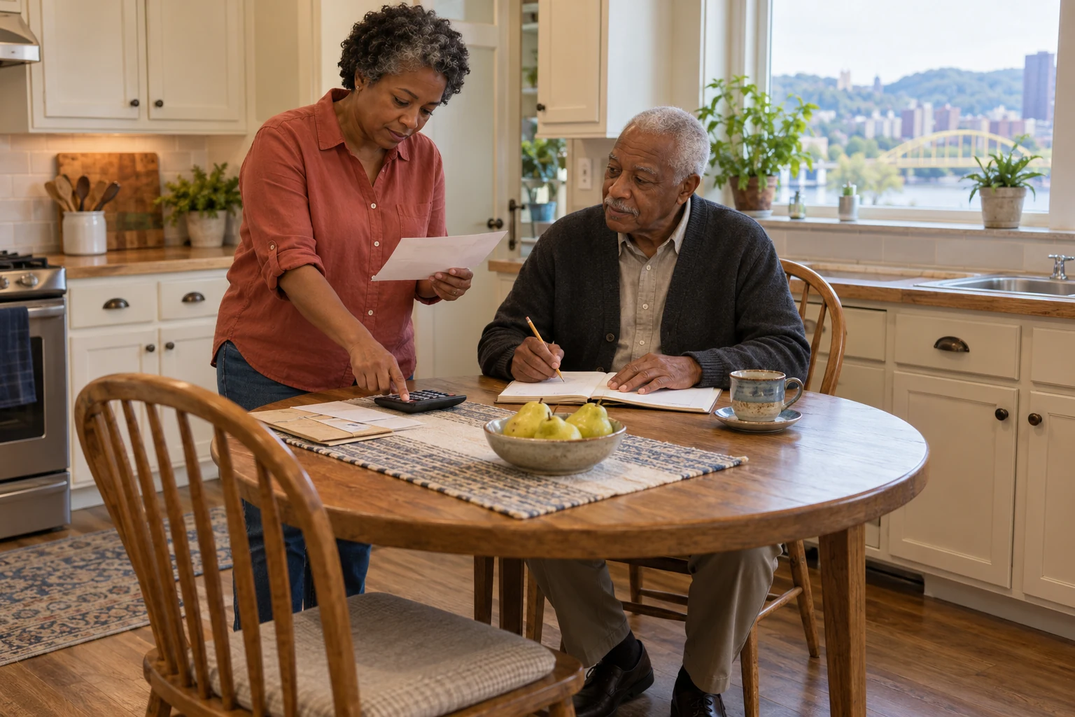 Put the shared month and separate incomes in one comparison A standing woman holds an envelope and points to a calculator while an older man writes in a notebook at a round table.