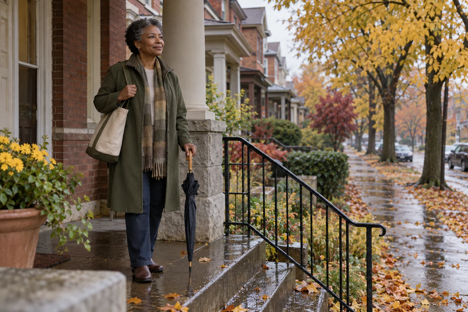 Compare a day in ordinary weather A woman stands on a wet brick-house porch holding a closed umbrella and a canvas bag on an autumn day.