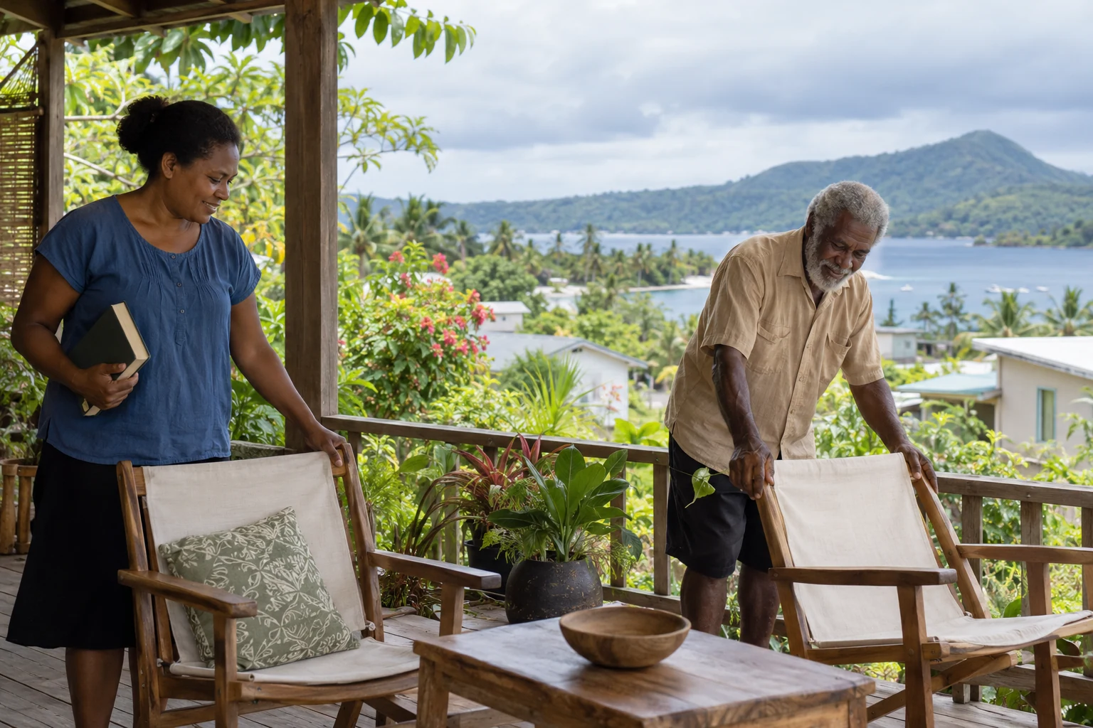 Everyday space around Port Vila A woman with a closed book and an older man arrange separate canvas chairs on a leafy veranda overlooking a harbour.