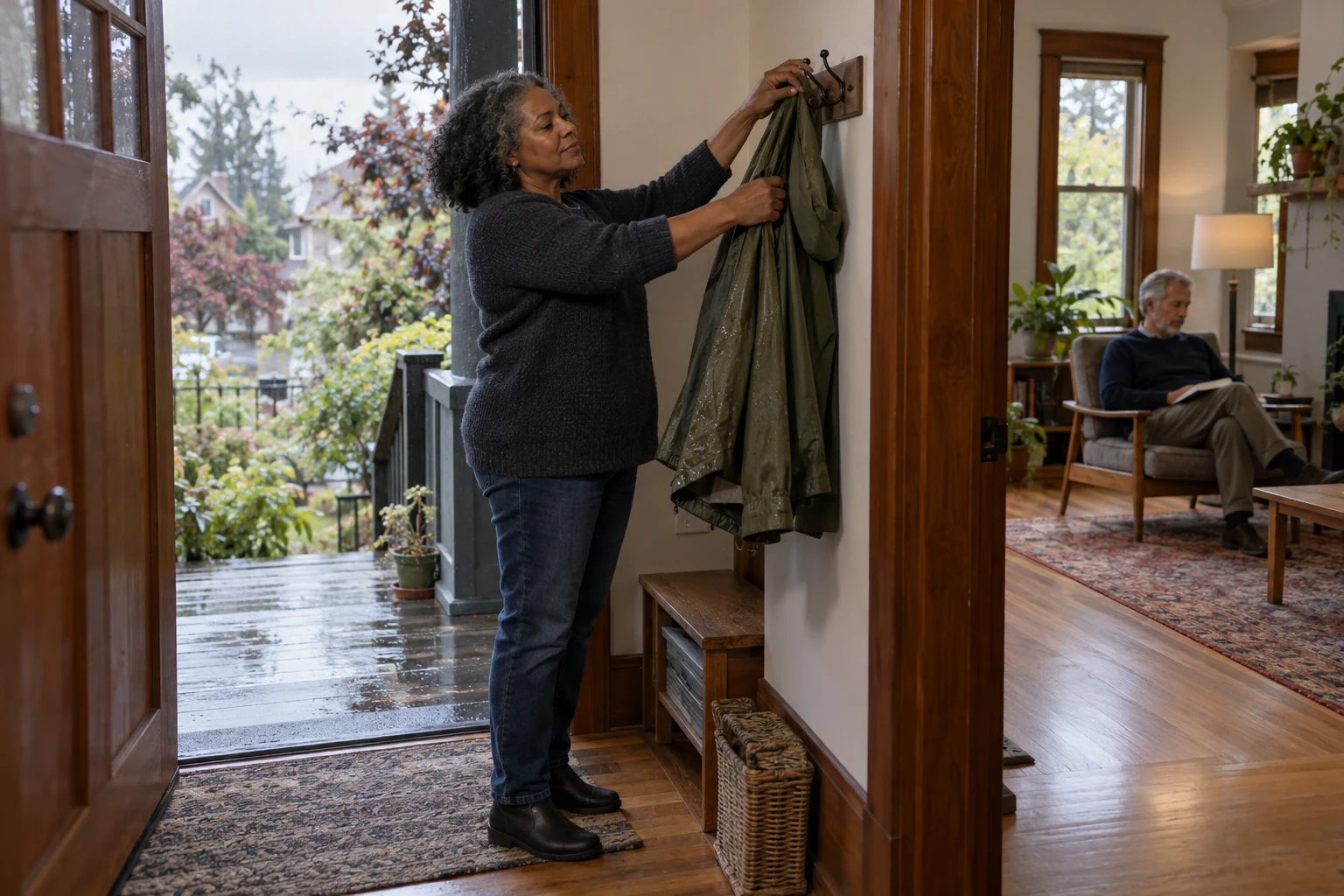Bring the wet-weather return into the home comparison A woman hangs a wet jacket beside a doorway while another adult reads in a separate room.