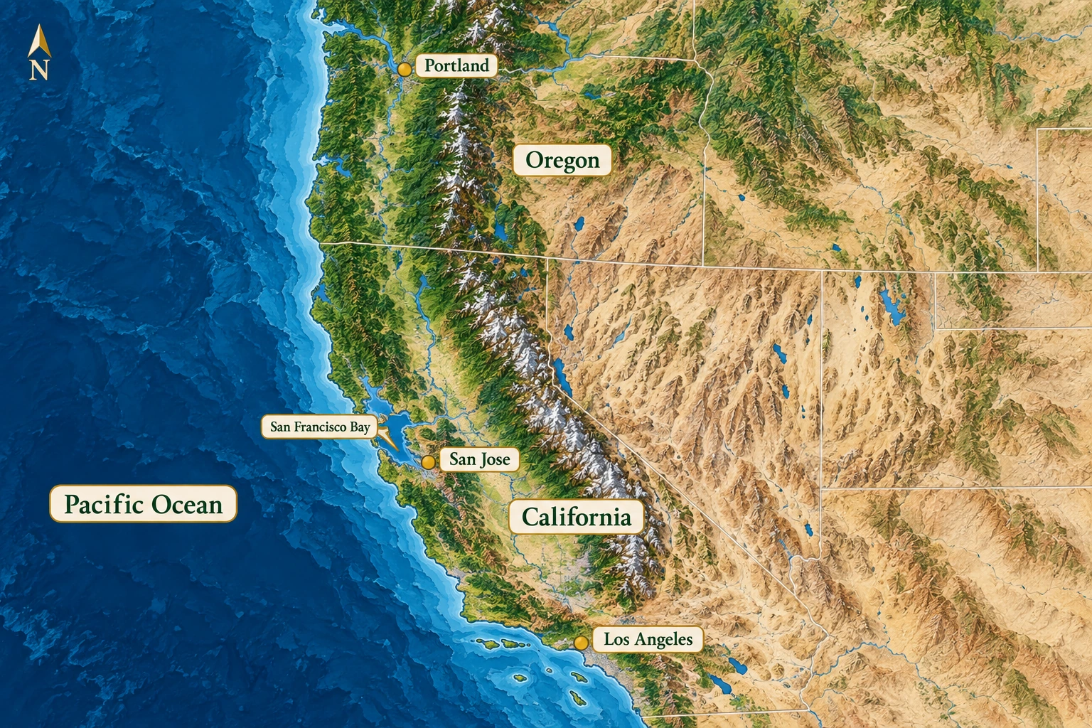 Three Pacific comparisons, from Oregon to southern California A western coast atlas places Portland inland in Oregon, San Jose beside the south end of San Francisco Bay and Los Angeles in southern California.