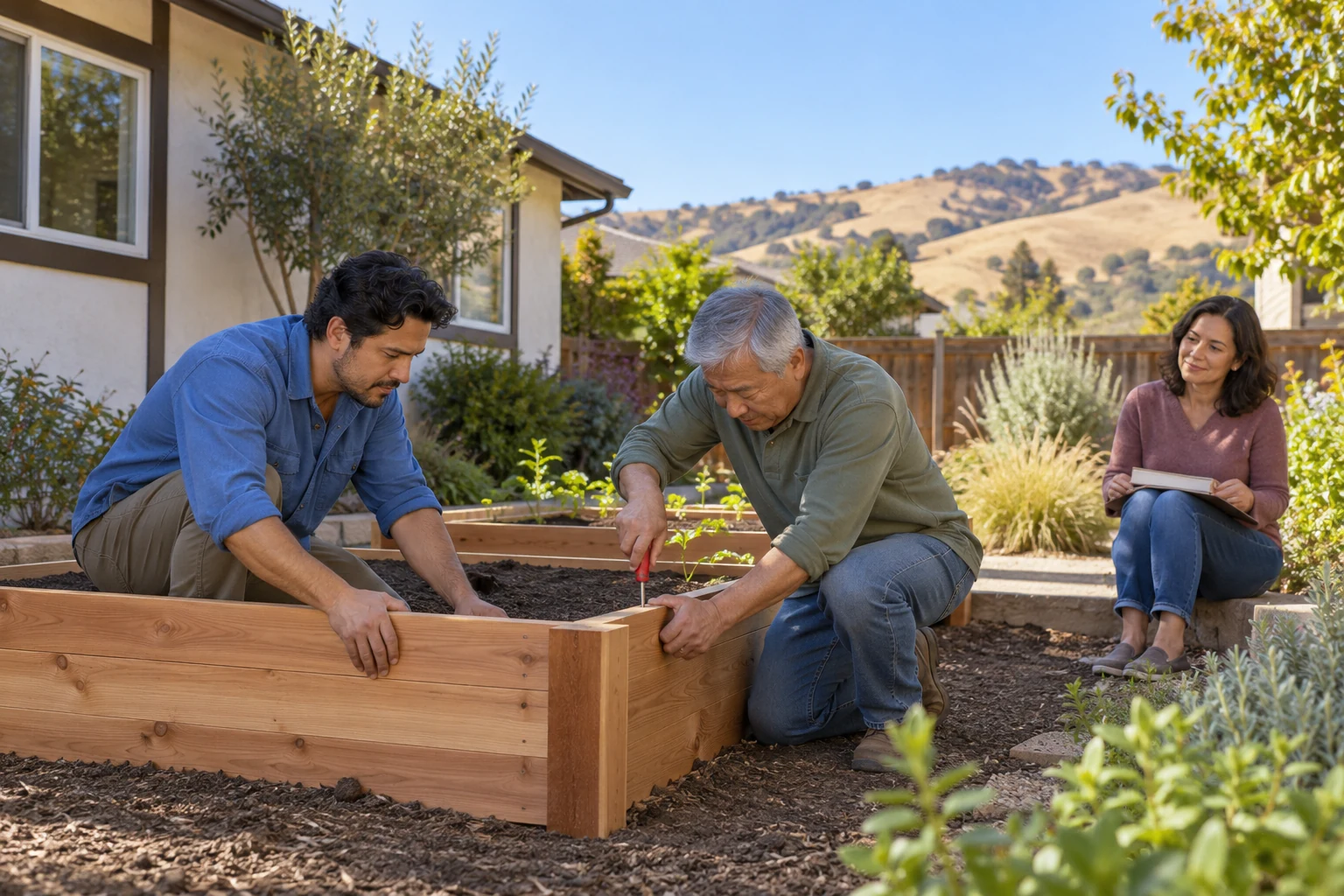 Choose the home tasks that would belong in your own week Two men assemble a raised garden bed while a woman sits nearby holding a notebook.