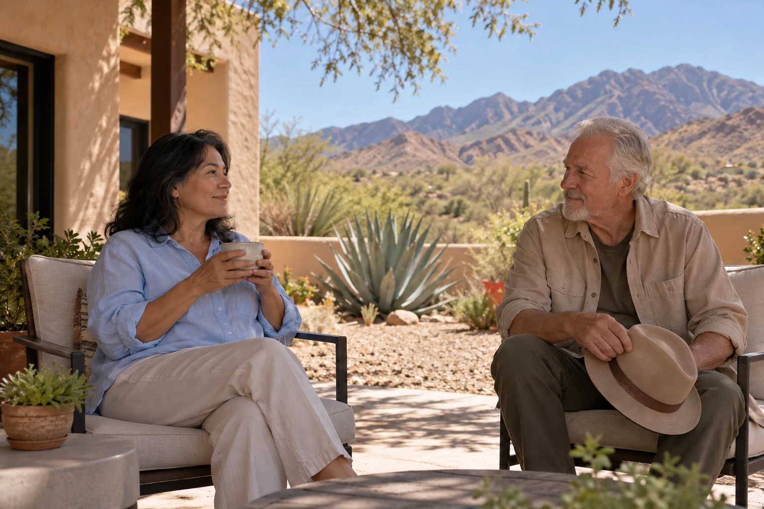 Compare the courtyard day through the season you would live Two adults sit in courtyard shade, a woman holding a ceramic cup and a man holding a plain hat.