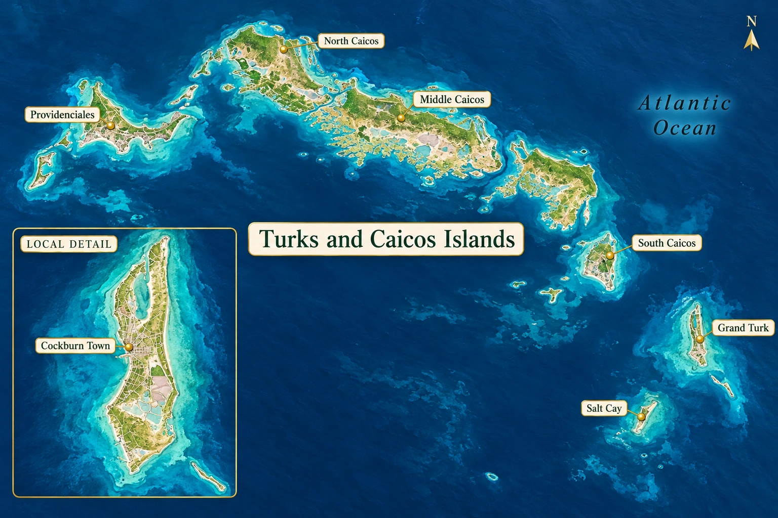 Grand Turk within Turks and Caicos An island atlas places Grand Turk east of the Caicos group and includes a separate detail of Cockburn Town on Grand Turk's west coast.