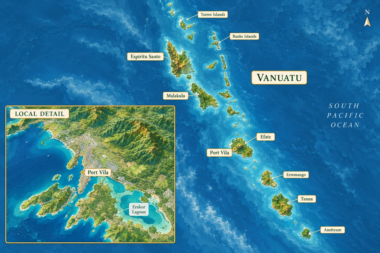 Port Vila on Efate within Vanuatu A Vanuatu archipelago atlas marks Port Vila on southwest Efate and includes a separate harbour and Erakor Lagoon detail.