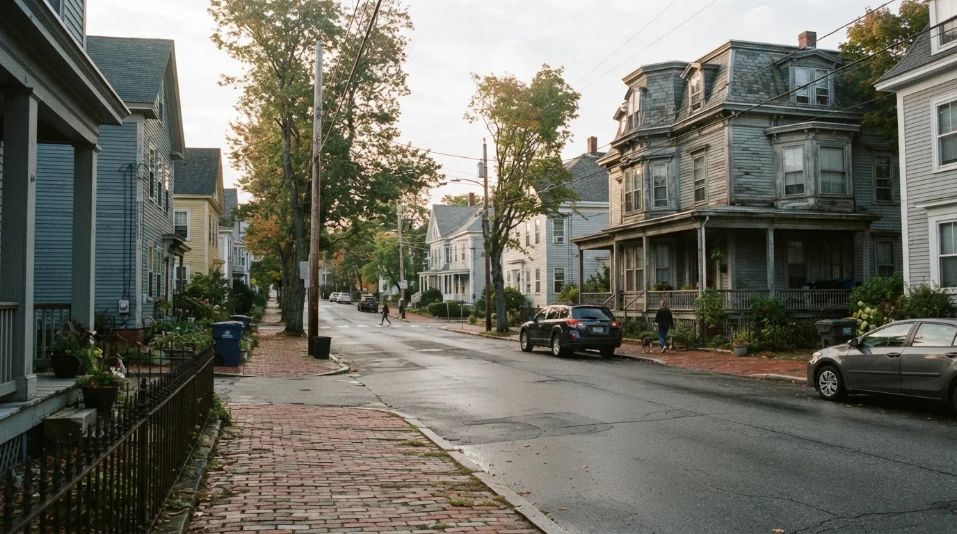 Keep the Maine life you value Homes with porches, parked cars and trees line a residential street with a brick sidewalk.