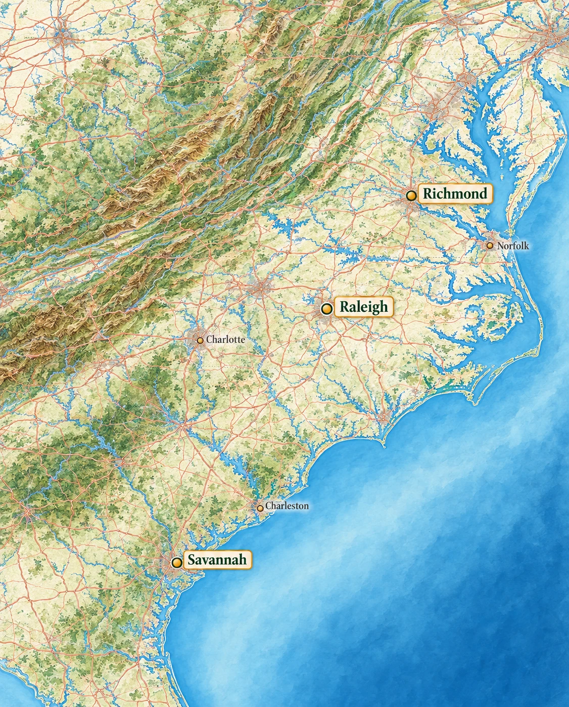 Relief atlas highlighting inland Richmond, inland Raleigh and Savannah near the Atlantic coast Relief atlas highlighting inland Richmond, inland Raleigh and Savannah near the Atlantic coast.