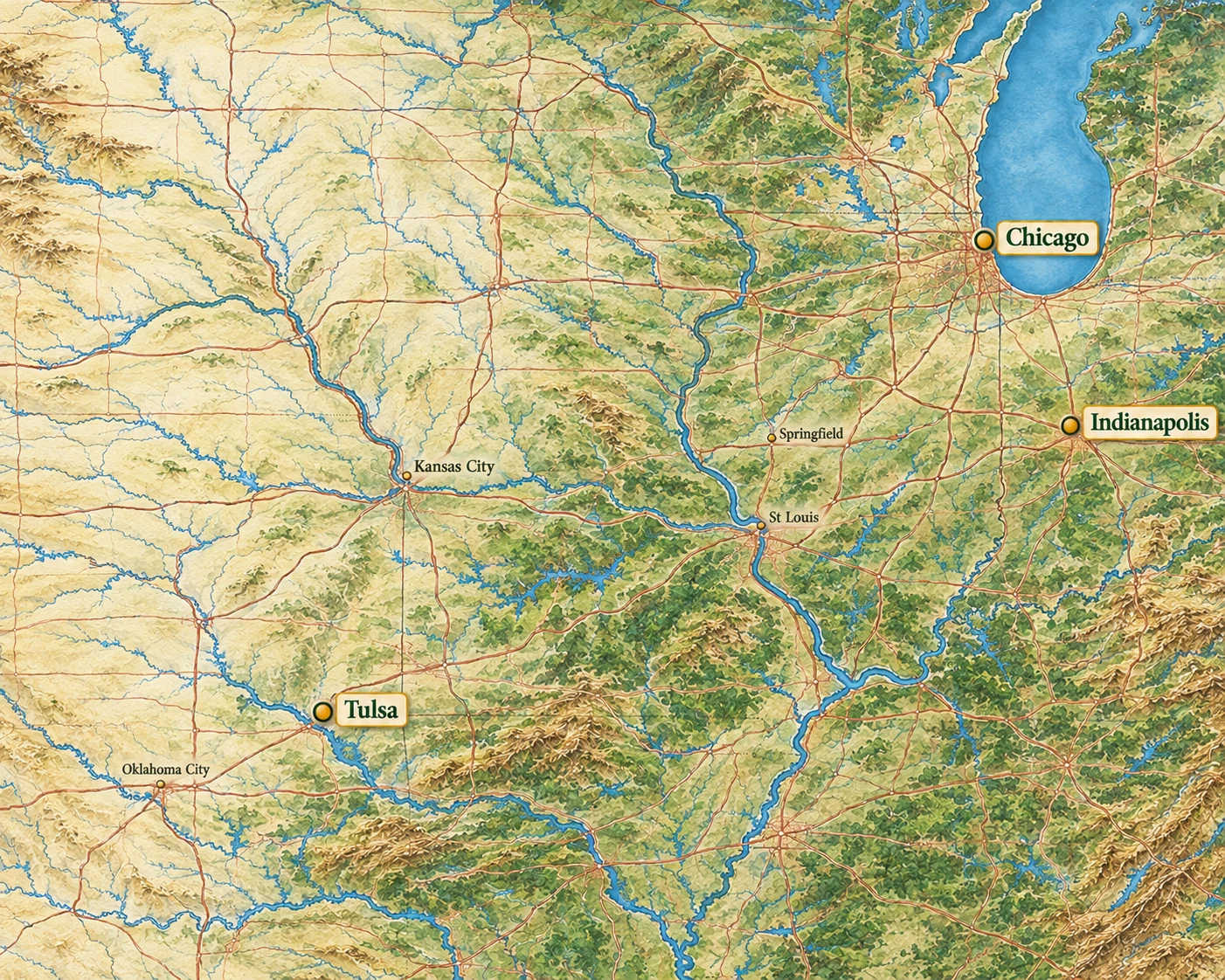 Detailed atlas highlighting Tulsa in Oklahoma, Indianapolis in Indiana and Chicago beside Lake Michigan Detailed atlas highlighting Tulsa in Oklahoma, Indianapolis in Indiana and Chicago beside Lake Michigan.