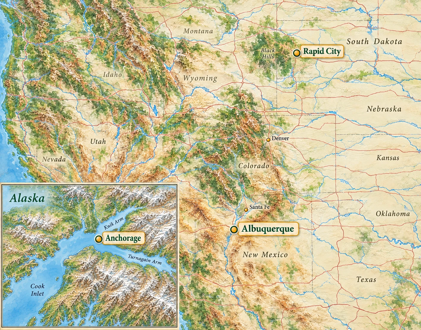 Relief atlas highlighting Rapid City and Albuquerque, with Anchorage in a separate Alaska inset showing Cook Inlet and its two arms Relief atlas highlighting Rapid City and Albuquerque, with Anchorage in a separate Alaska inset showing Cook Inlet and its two arms.