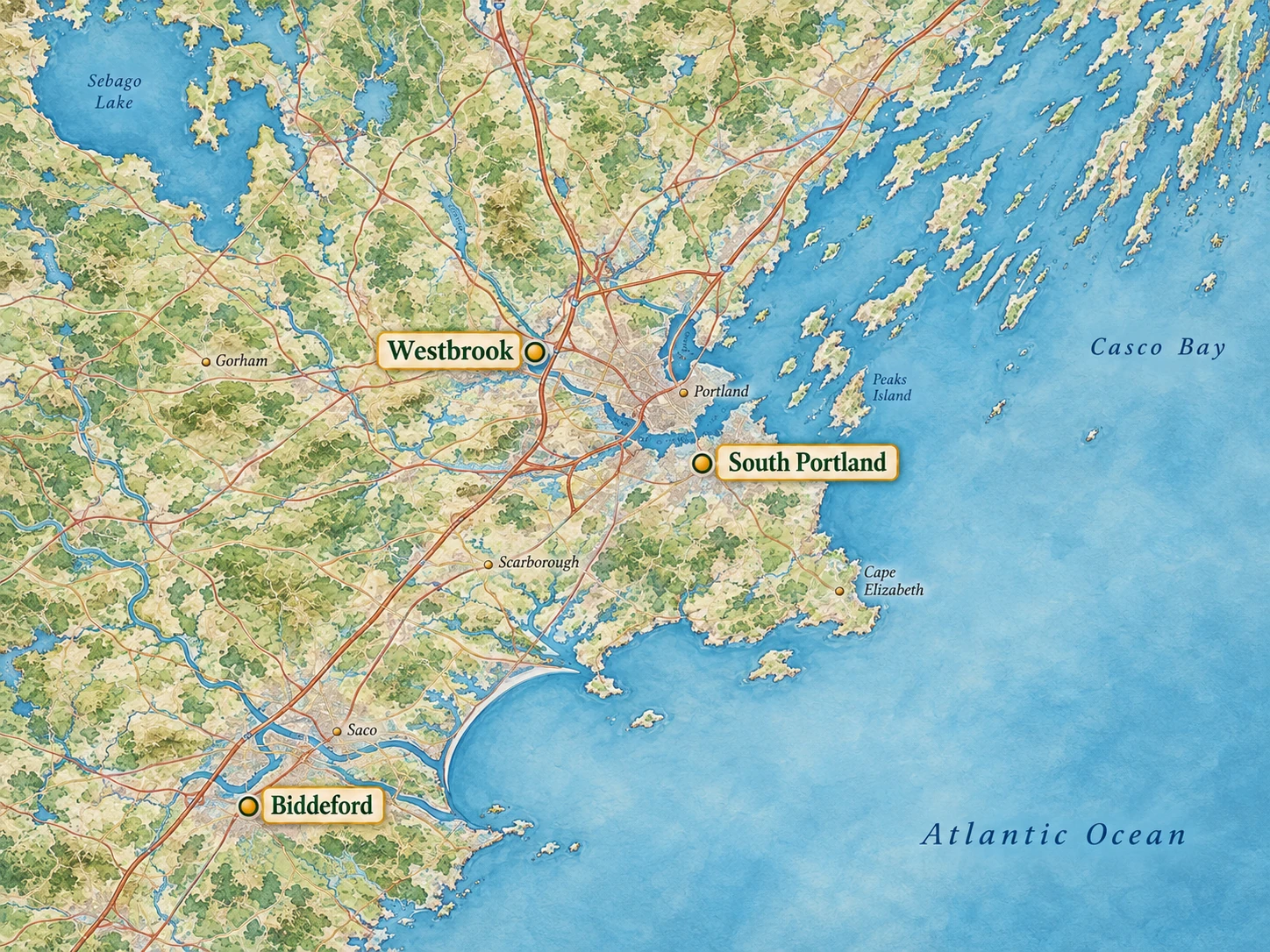 Detailed coastal atlas highlighting Westbrook, South Portland and Biddeford, with Portland, Saco, the harbor and Casco Bay as smaller context Detailed coastal atlas highlighting Westbrook, South Portland and Biddeford, with Portland, Saco, the harbor and Casco Bay as smaller context.