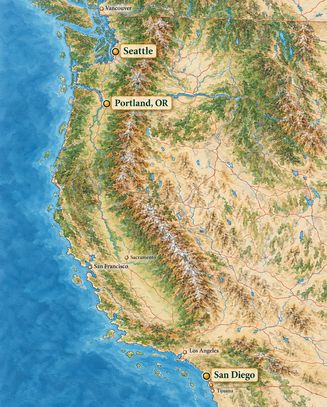 Relief atlas highlighting Seattle, inland Portland in Oregon and coastal San Diego Relief atlas highlighting Seattle, inland Portland in Oregon and coastal San Diego.