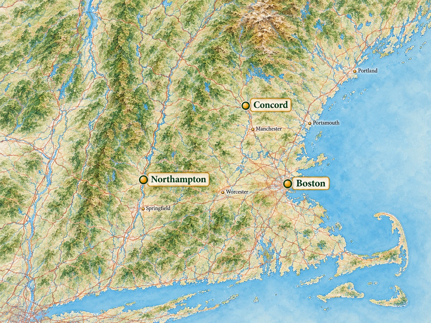 Relief atlas highlighting Concord in New Hampshire, Boston and Northampton, with Portland, Maine smaller on the coast Relief atlas highlighting Concord in New Hampshire, Boston and Northampton, with Portland, Maine smaller on the coast.