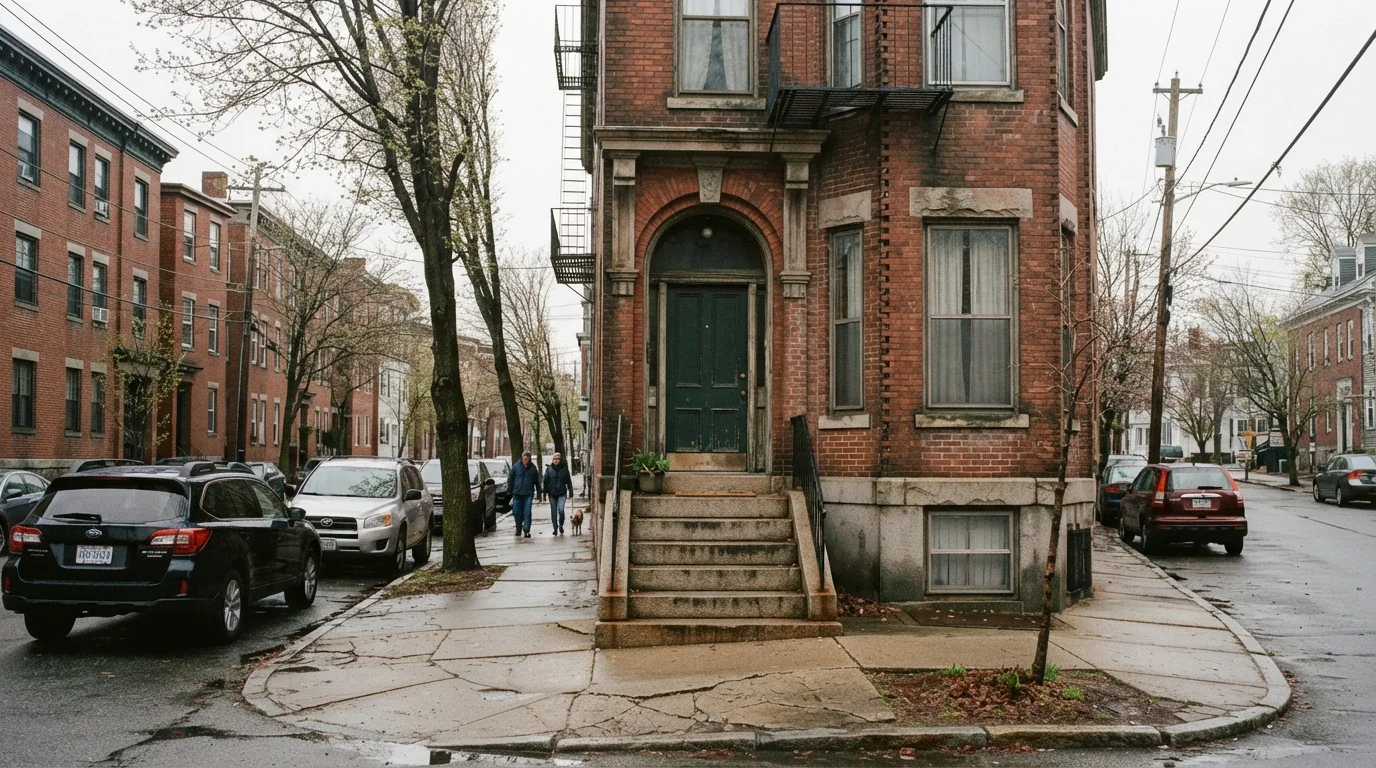 Try the home as well as the neighborhood A brick apartment building at a street corner has entrance steps, tall windows and parked cars beside it.