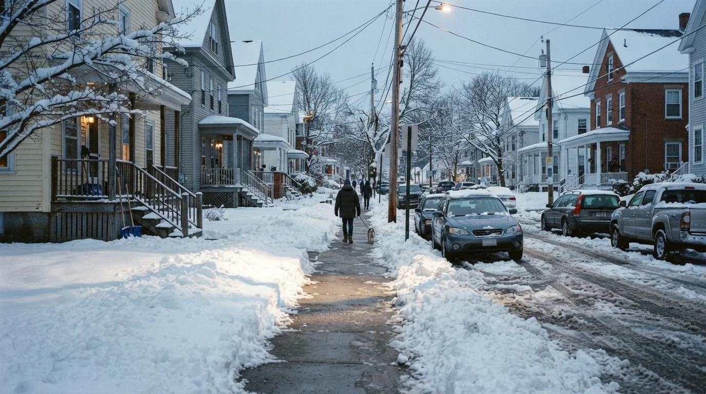 Test the season you would actually live through A person walks a dog on a cleared sidewalk between snowbanks, houses and parked cars.