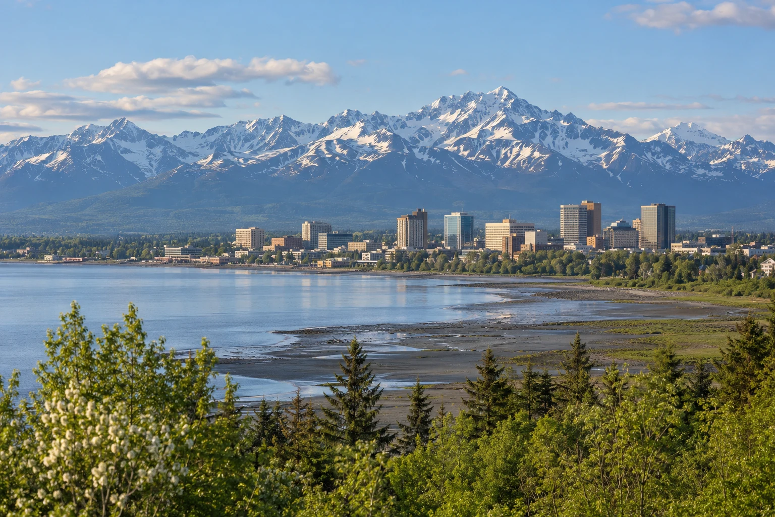 A northern city and a larger commitment Anchorage illustration with trees, tidal shoreline, city buildings and snow-covered mountains