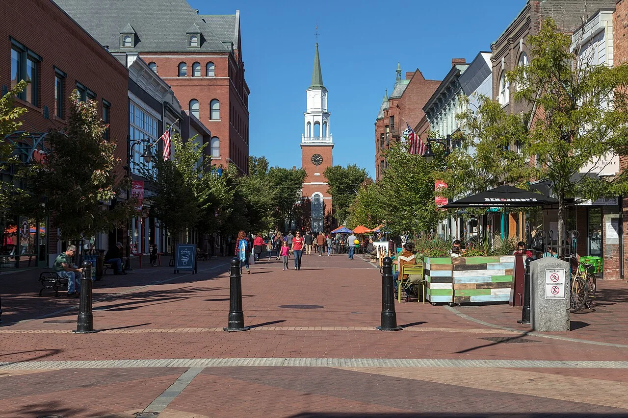 Burlington View of Church Street, a blocks-long pedestrians-only shopping and entertainment street in downtown Burlington, Vermont.