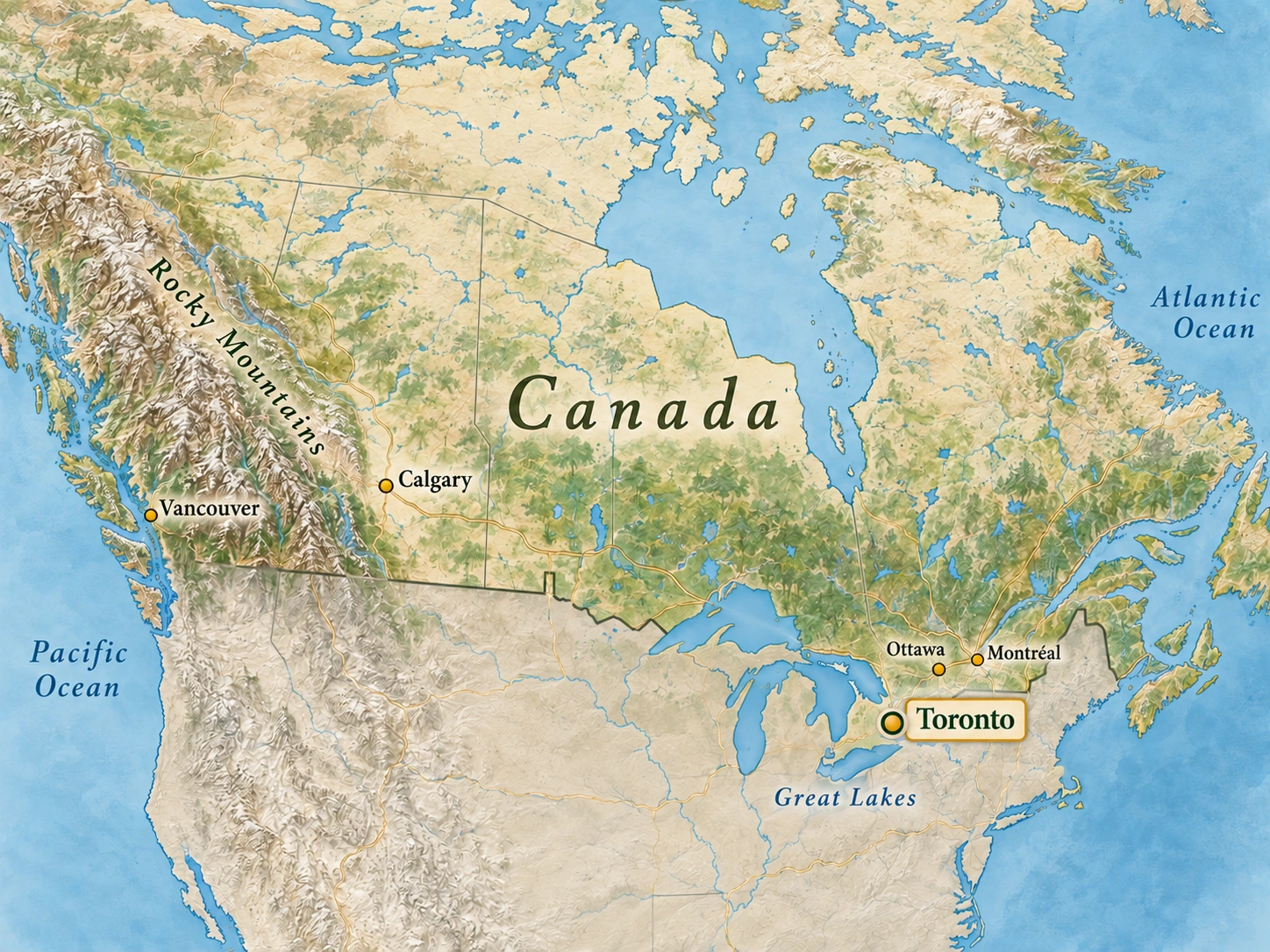 Relief atlas highlighting Toronto beside Lake Ontario, with Montréal, Ottawa, Calgary and Vancouver as smaller context Relief atlas highlighting Toronto beside Lake Ontario, with Montréal, Ottawa, Calgary and Vancouver as smaller context.