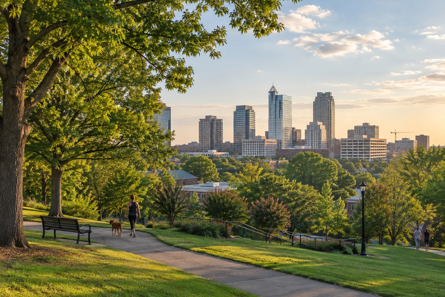 Choose the role that makes the move worthwhile People walk on a green park path beneath trees, with the Raleigh skyline beyond.