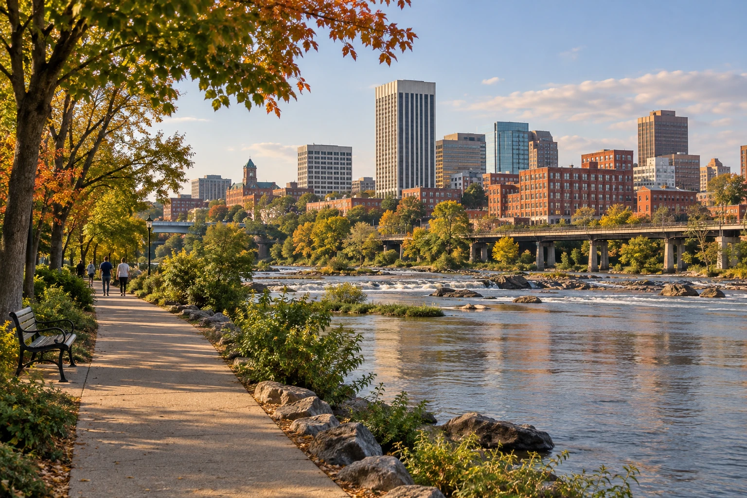 Give the river-city idea an ordinary day People walk along a tree-lined riverside path, with rocks, a bridge and the Richmond skyline beyond.