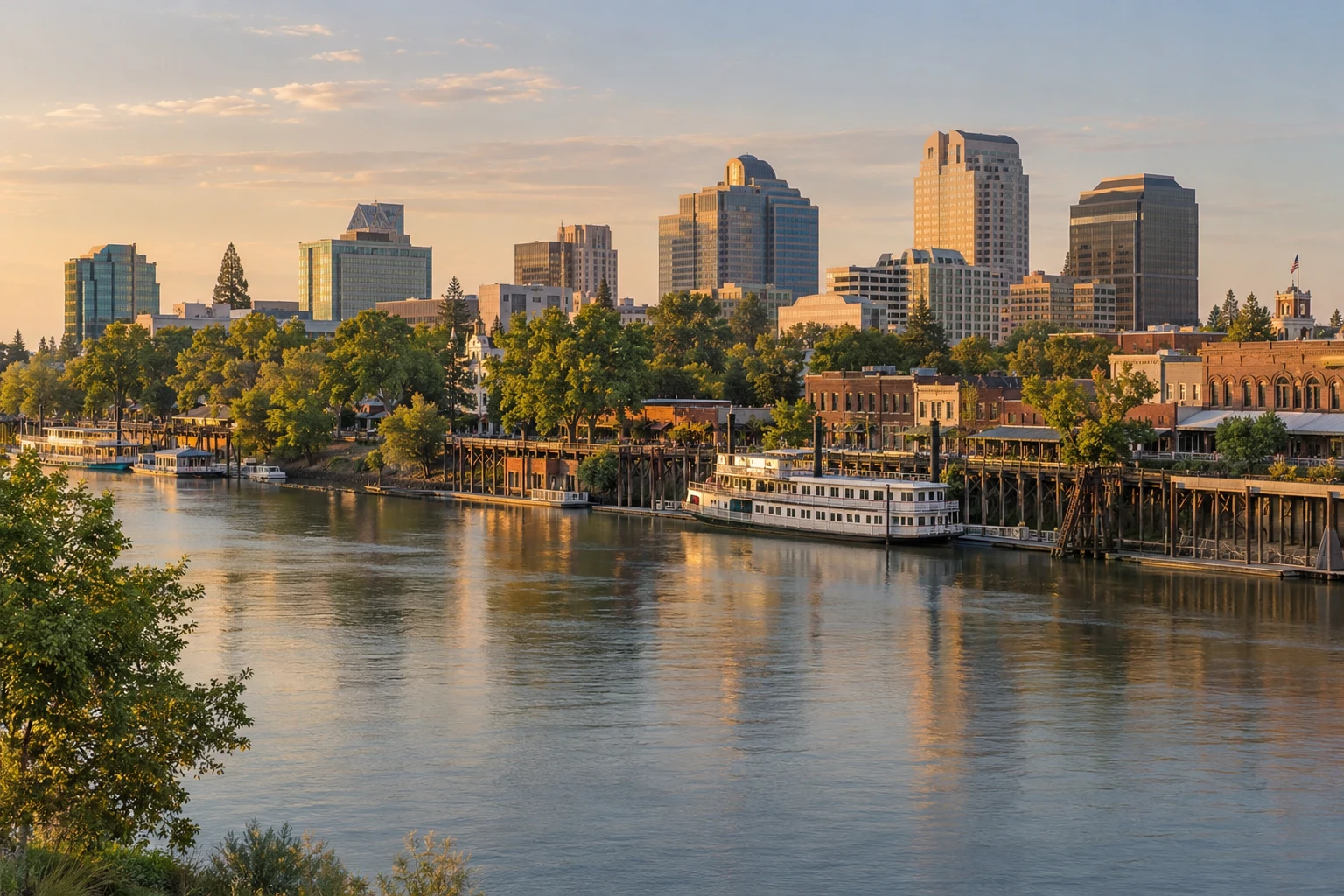 An inland California possibility Sacramento illustration with a river, moored passenger vessels, waterfront buildings, trees and a city skyline
