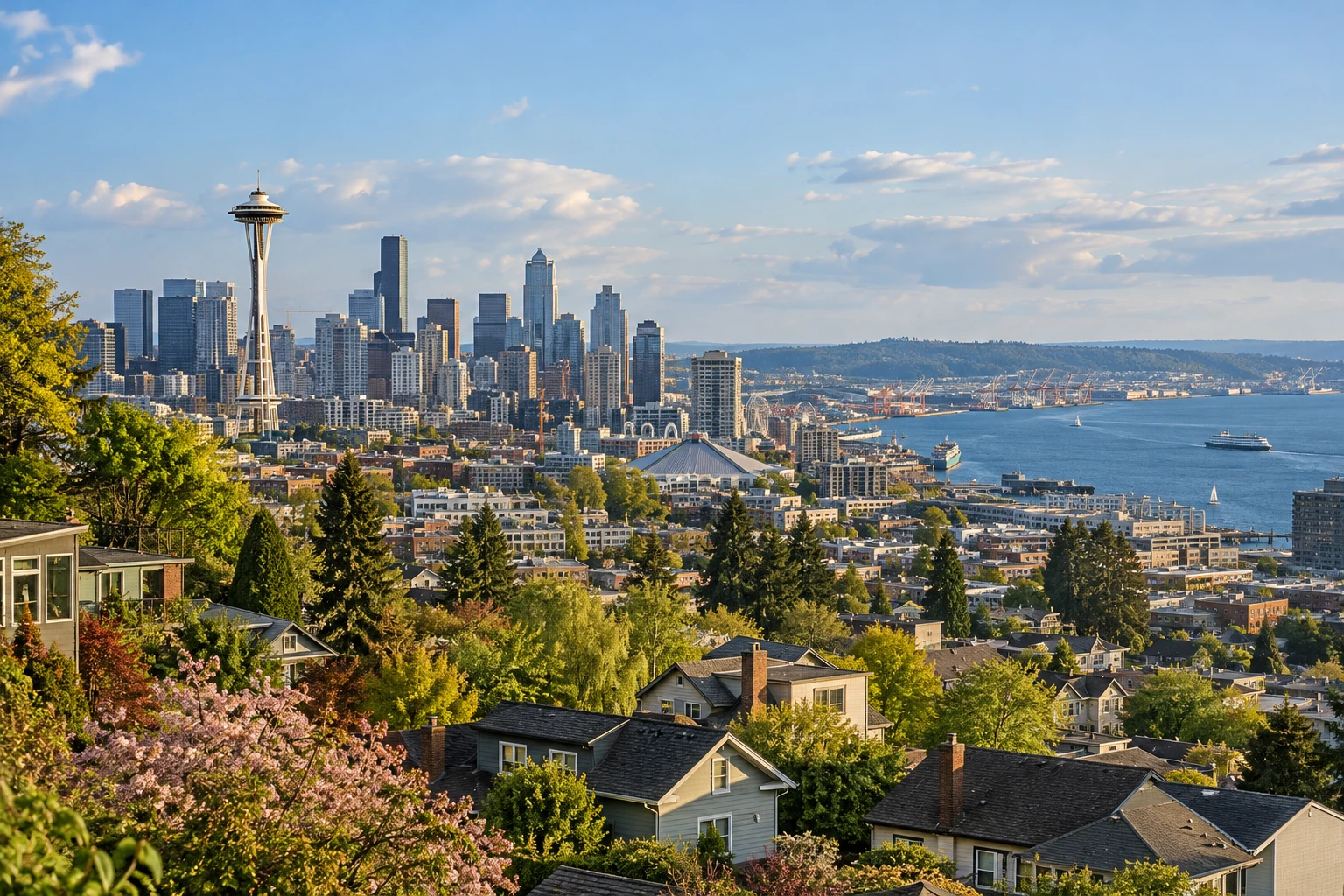 Choose the connected city home you could use The Seattle skyline and Space Needle rise beyond hillside homes and trees, with waterfront activity to the right.