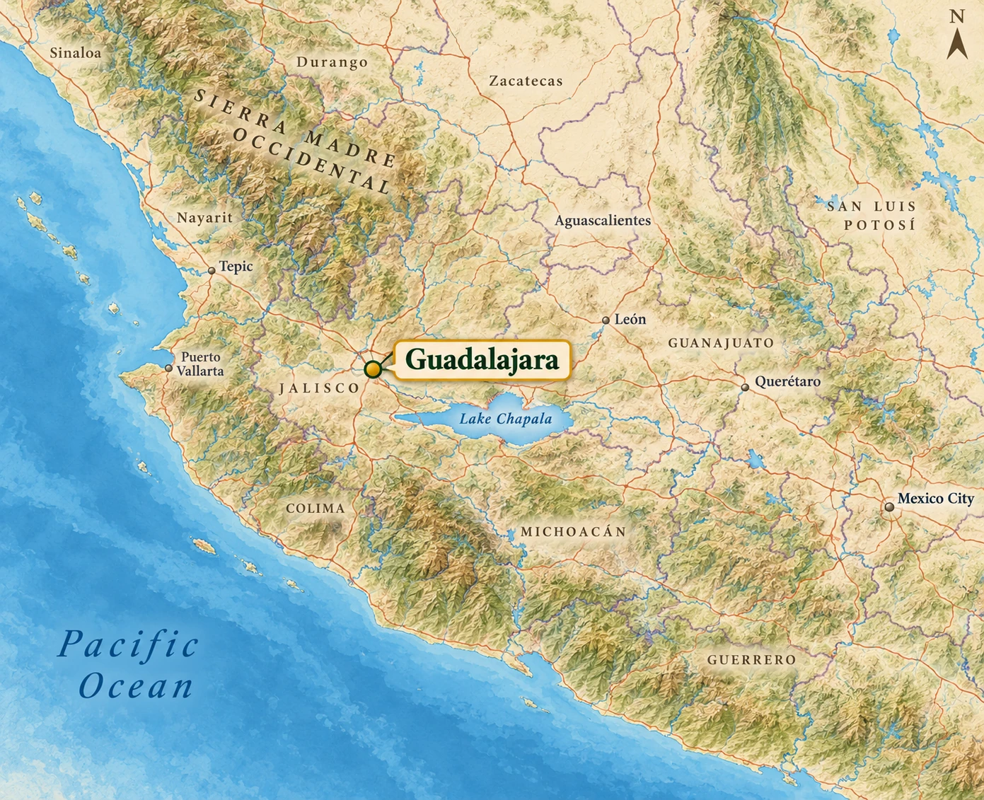 Relief atlas highlighting inland Guadalajara north of Lake Chapala, with Mexico City, Querétaro and the Pacific as context Relief atlas highlighting inland Guadalajara north of Lake Chapala, with Mexico City, Querétaro and the Pacific as context.