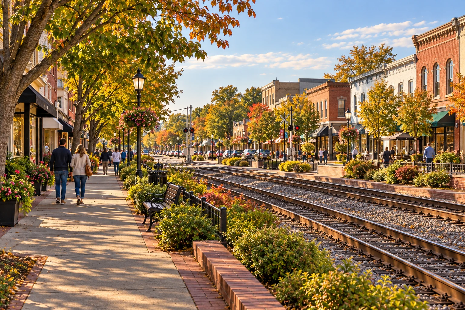Try a local town afternoon alongside the Richmond journeys Pedestrians walk a tree-lined sidewalk beside railway tracks and small brick storefronts.
