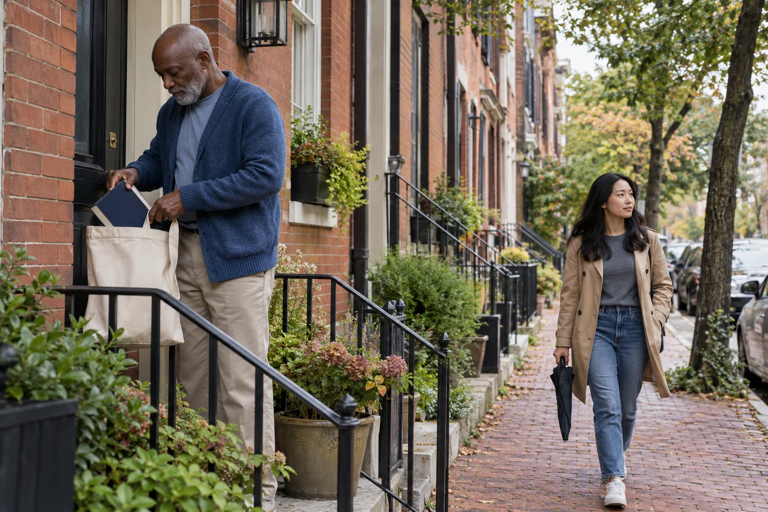 A book before leaving the Baltimore stoop Older man places a plain book into a canvas bag beside a brick rowhouse as another adult walks past with a folded umbrella.