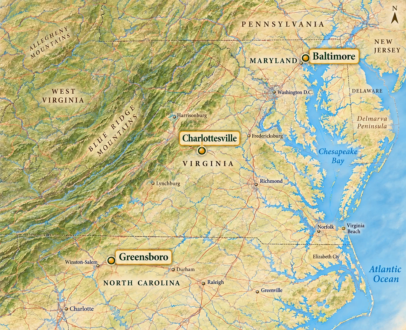 Three regional chapters beyond Richmond An atlas highlights Baltimore, Charlottesville and Greensboro with Richmond shown as a smaller reference.