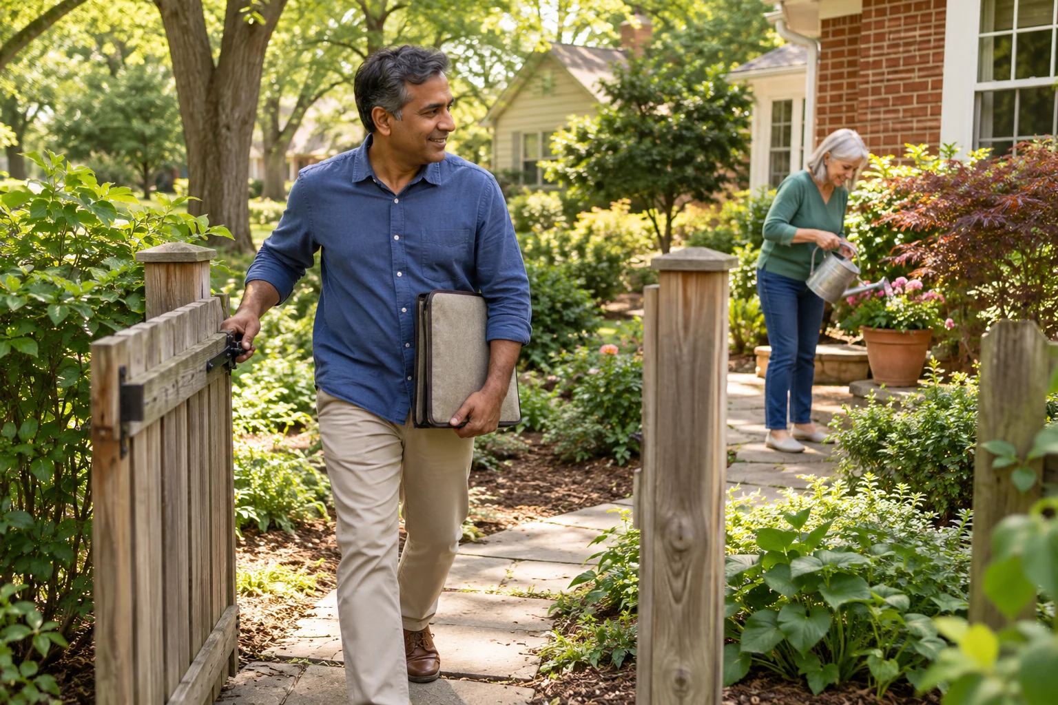 A garden gate in Bon Air Man carrying a closed canvas folder opens a timber gate while a woman waters a potted plant behind him.