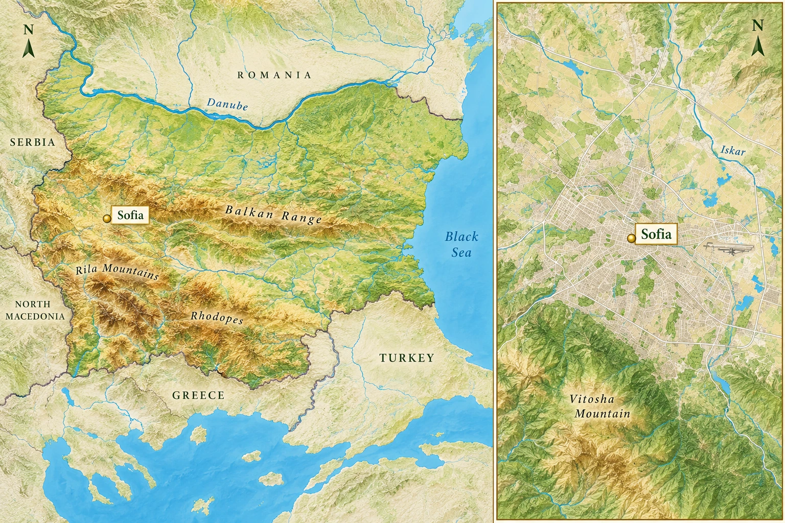 Bulgaria and the Sofia basin Two-panel relief atlas shows Sofia in western Bulgaria and a separate city detail north of Vitosha Mountain.