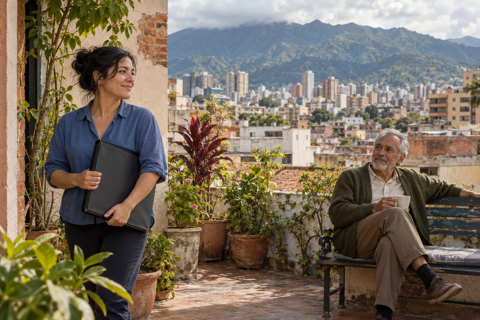 A folder and a cup above the Caracas valley Woman holds a closed art folder beside a courtyard doorway while an older man sits with a cup against an urban valley and green ridge.