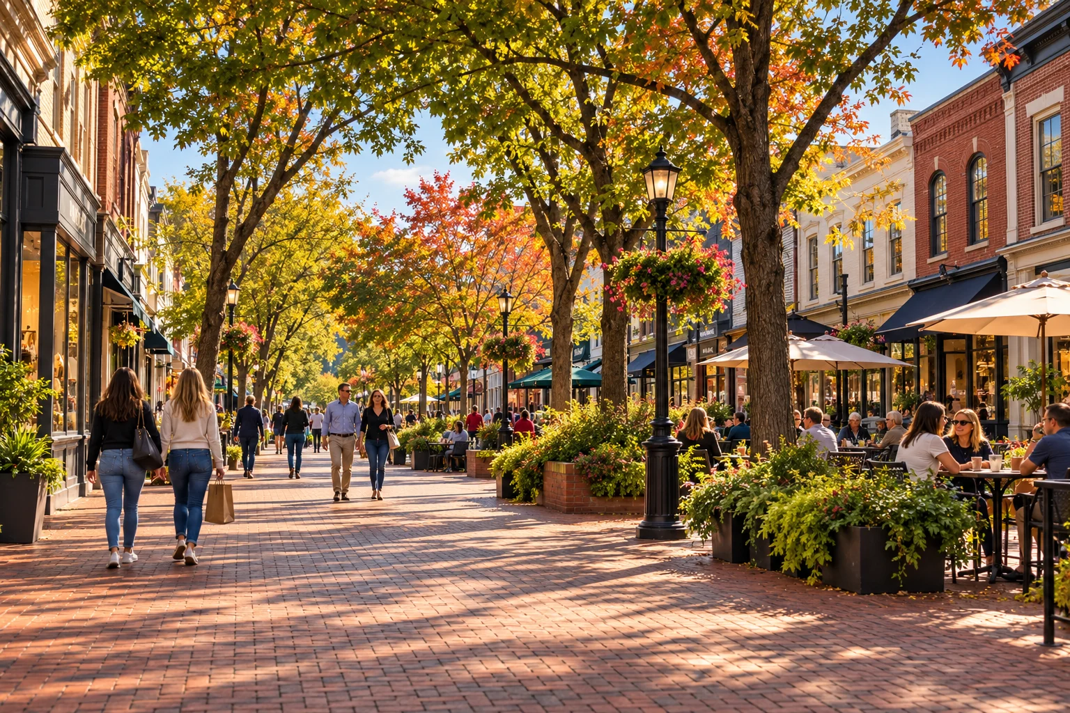 Give the new city a cultural afternoon of its own Adults walk a broad brick pedestrian street between leafy trees, planters and outdoor cafe tables.