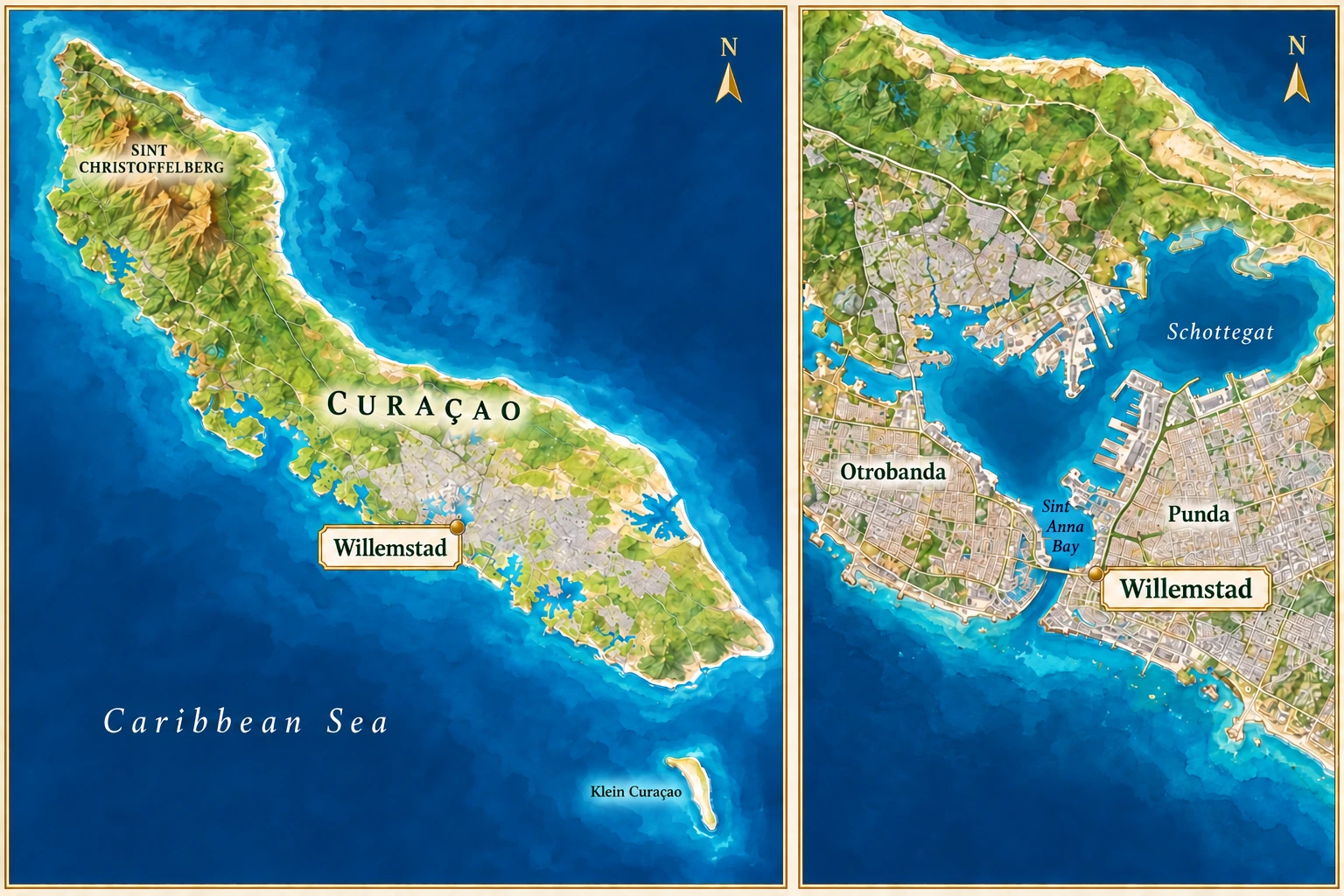 Curaçao and Willemstad's harbour Two-panel atlas shows Curaçao and a separate Willemstad detail with Otrobanda west and Punda east of the Sint Anna Bay entrance.